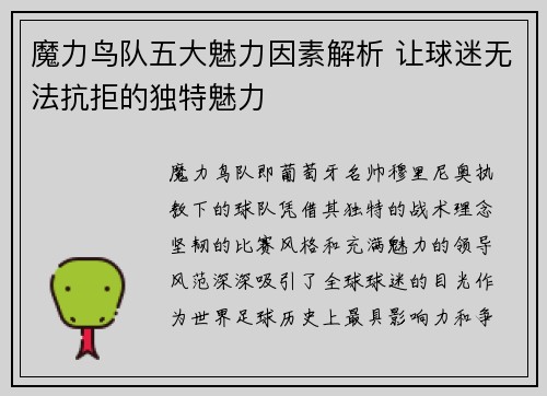 魔力鸟队五大魅力因素解析 让球迷无法抗拒的独特魅力 魔力鸟队五大魅力因素解析 让球迷无法抗拒的独特魅力